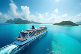 Bateau naviguant en Méditerranée avec paysages pittoresques en arrière-plan