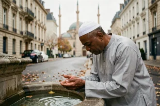 Homme effectuant les ablutions avant la prière dans un quartier d'Argenteuil, avec une mosquée en arrière-plan flou