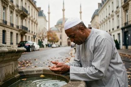 Homme effectuant les ablutions avant la prière dans un quartier d'Argenteuil, avec une mosquée en arrière-plan flou