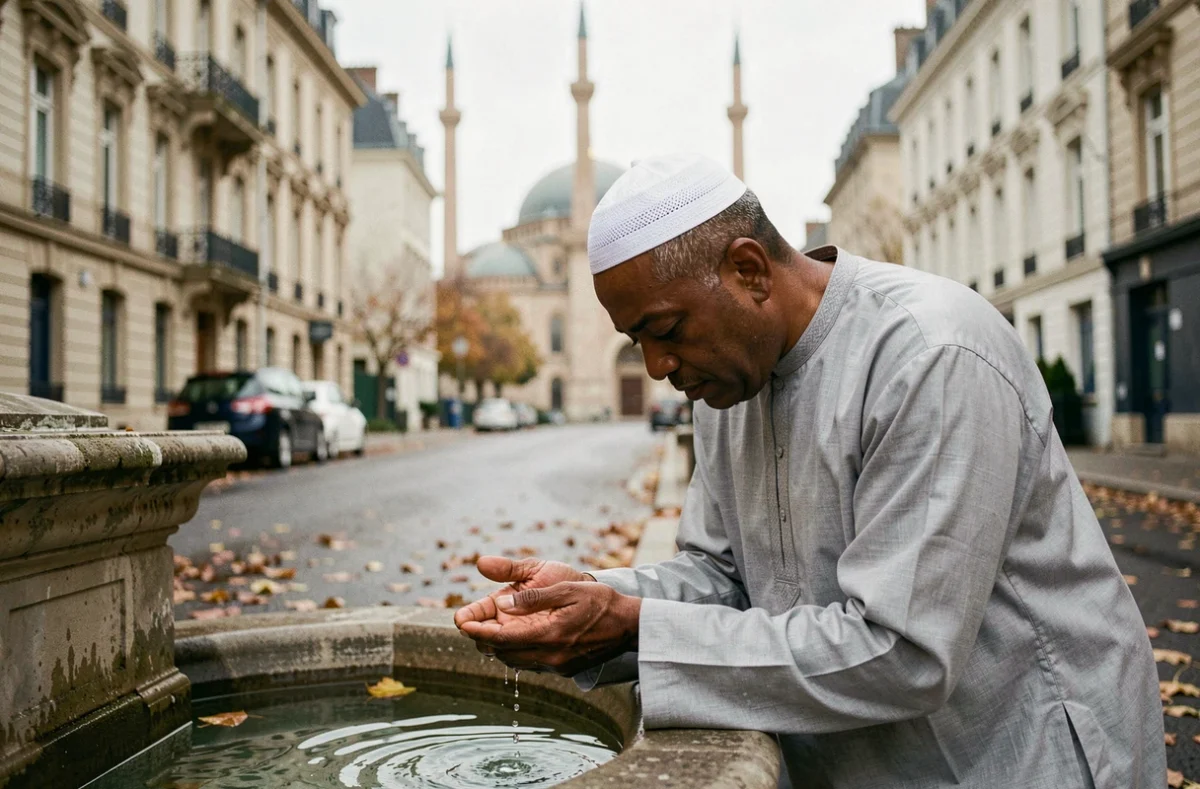 Homme effectuant les ablutions avant la prière dans un quartier d'Argenteuil, avec une mosquée en arrière-plan flou