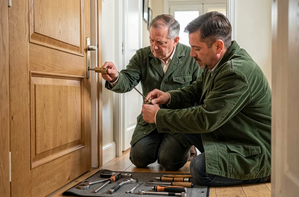 Deux artisans d'Accord Artisans collaborant pour remplacer une serrure sur une porte en chêne à Lyon