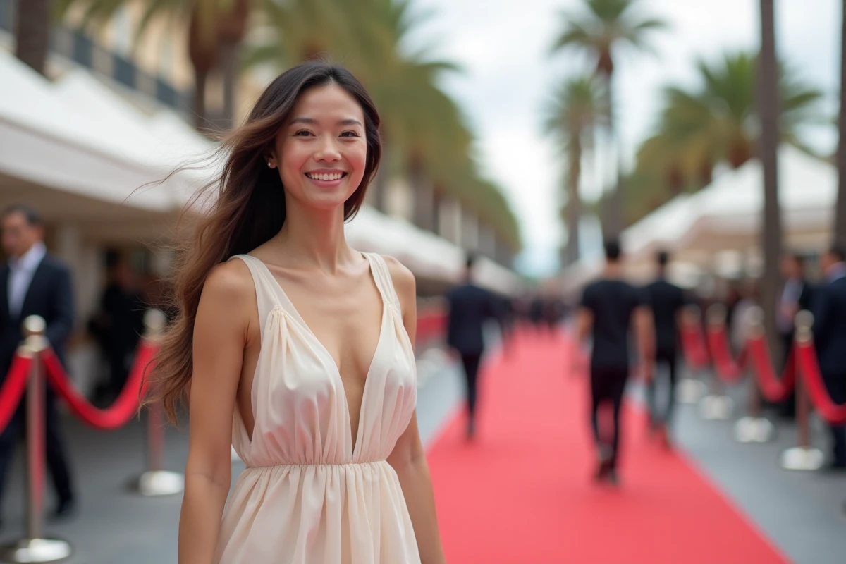 Actrice asiatique en promenade à Cannes avec robe élégante