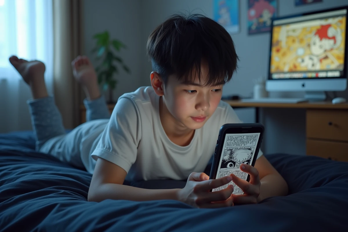 Adolescent allongé sur son lit lisant le scan VF de One Piece chapitre 1155 sur smartphone en mode paysage dans sa chambre avec posters d'anime
