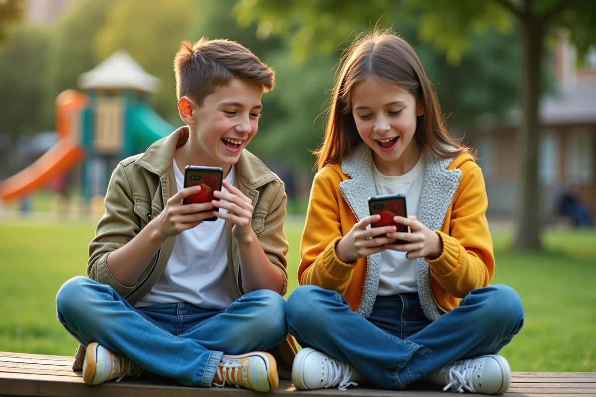 Deux adolescents partageant un code Blox Fruit dans un parc