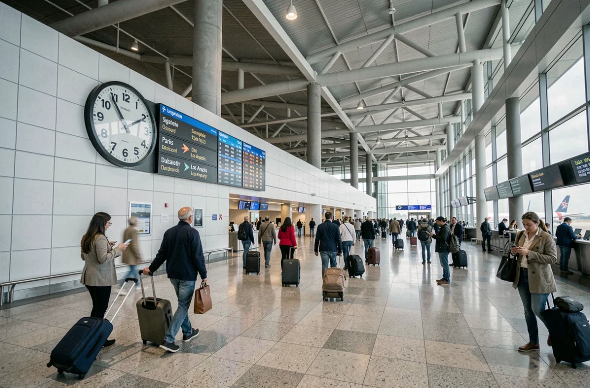 Hall de départ d'aéroport international avec mur d'horloges affichant les heures mondiales dont celle de Singapour et des voyageurs en transit