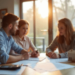 Agent immobilier et couple dans un salon moderne