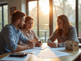 Agent immobilier et couple dans un salon moderne
