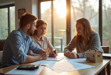 Agent immobilier et couple dans un salon moderne