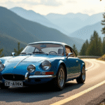 Alpine A110 bleue sur route de montagne ensoleillee