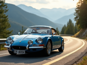 Alpine A110 bleue sur route de montagne ensoleillee