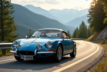 Alpine A110 bleue sur route de montagne ensoleillee