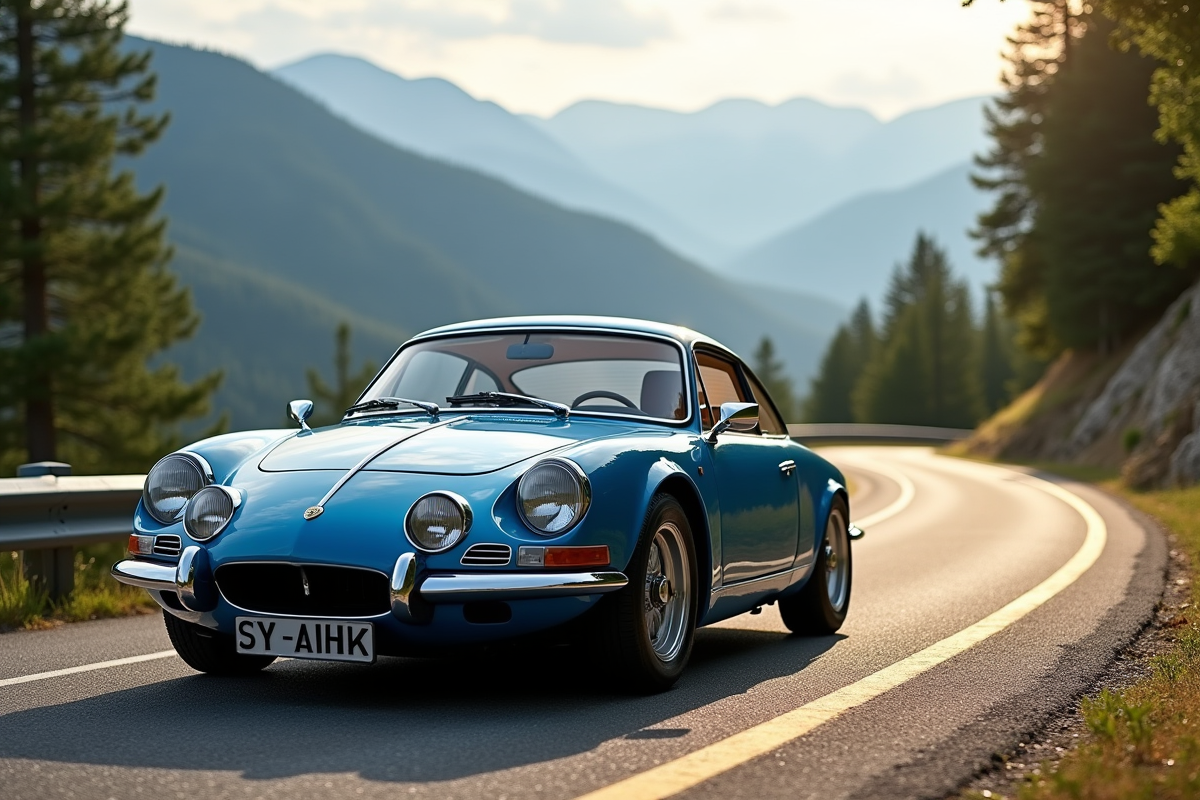 Alpine A110 bleue sur route de montagne ensoleillee