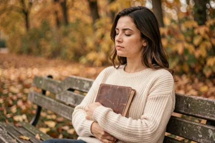 Femme contemplative dans un parc en automne tenant un journal intime, illustrant la réflexion sur l'âme karmique et les relations amoureuses