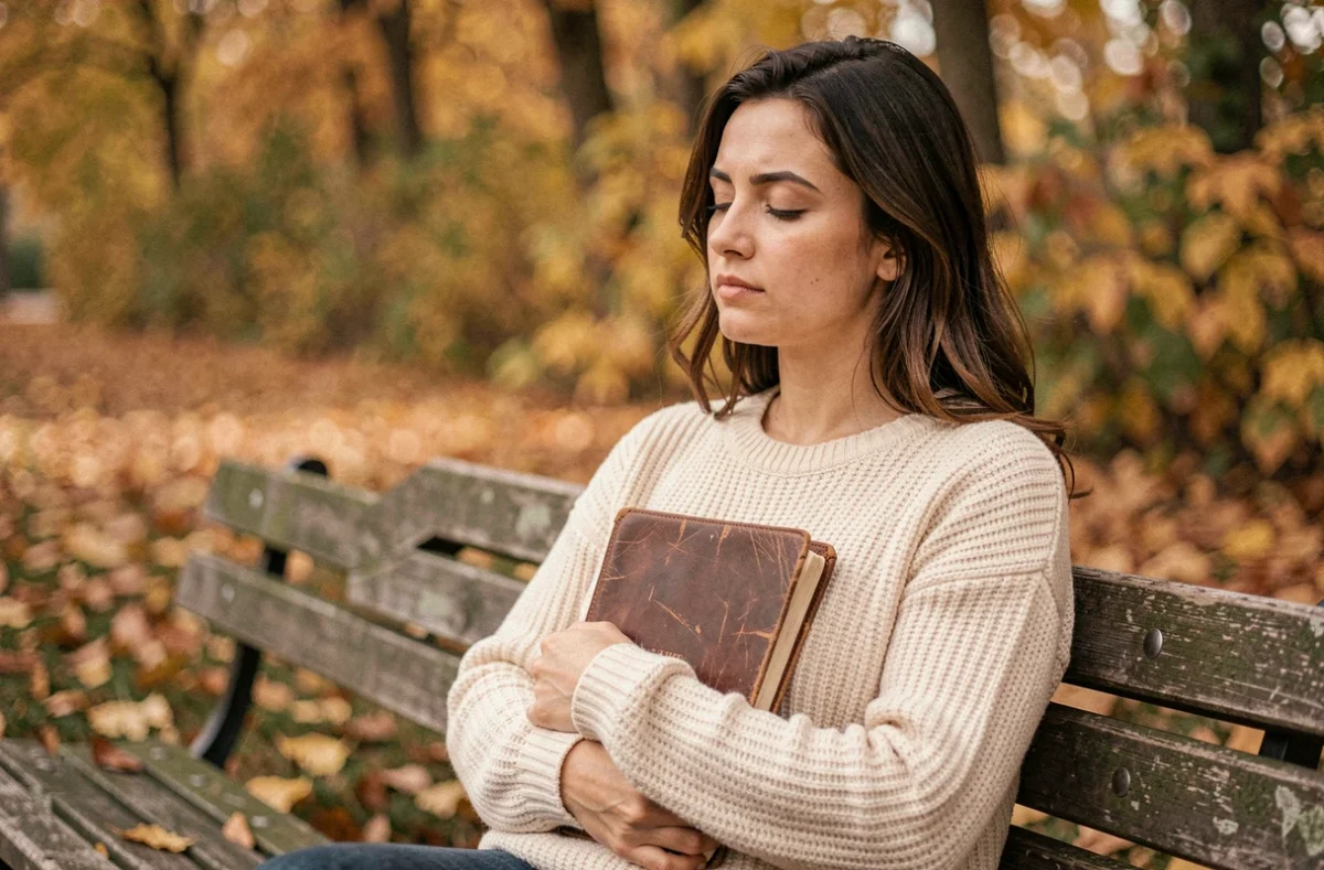 Femme contemplative dans un parc en automne tenant un journal intime, illustrant la réflexion sur l'âme karmique et les relations amoureuses