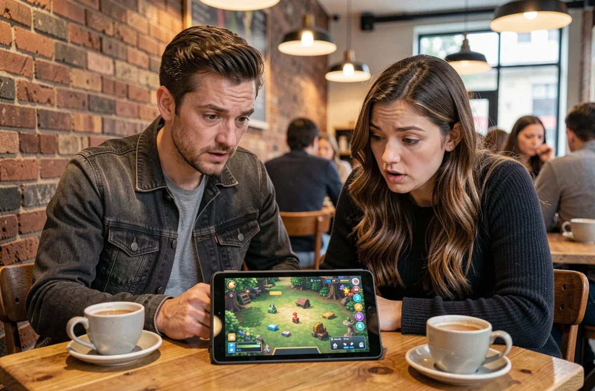 Deux amis dans un café explorant ensemble des alternatives de jeu mobile après la fermeture d'un club Monopoly Go