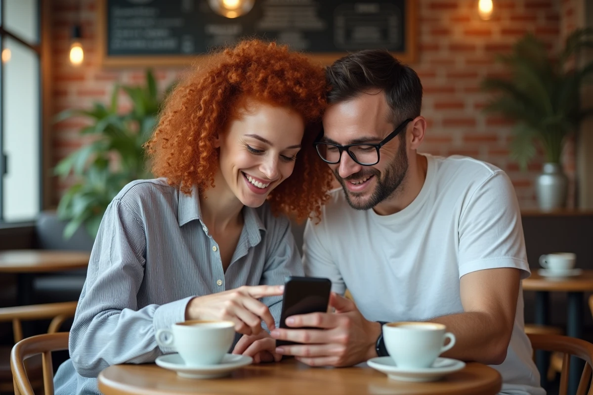 Couple d'amis jouant ensemble à 4 images 1 mot sur un smartphone dans un café urbain