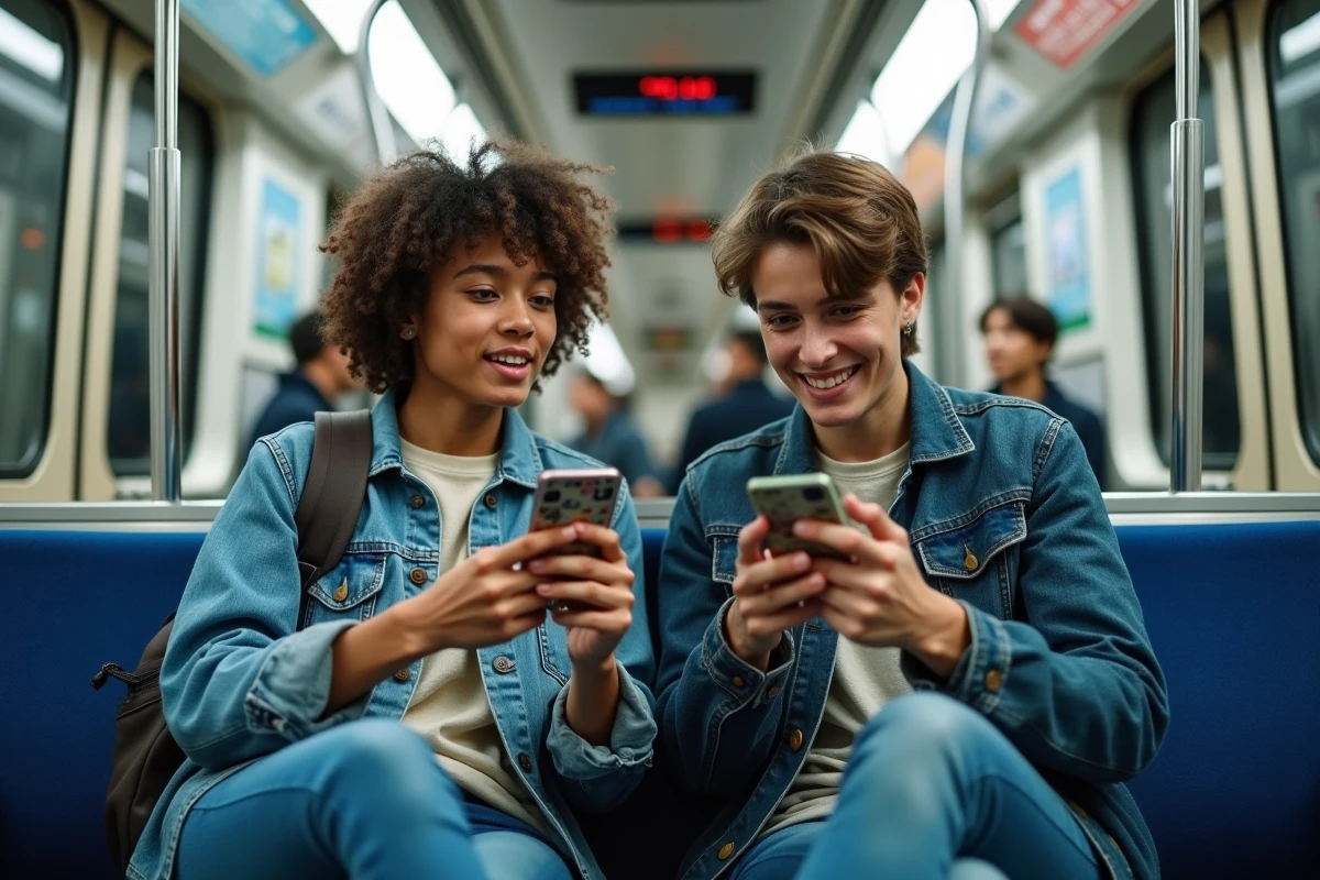 Deux amis lisant des mangas en simultrad sur leurs smartphones dans le métro