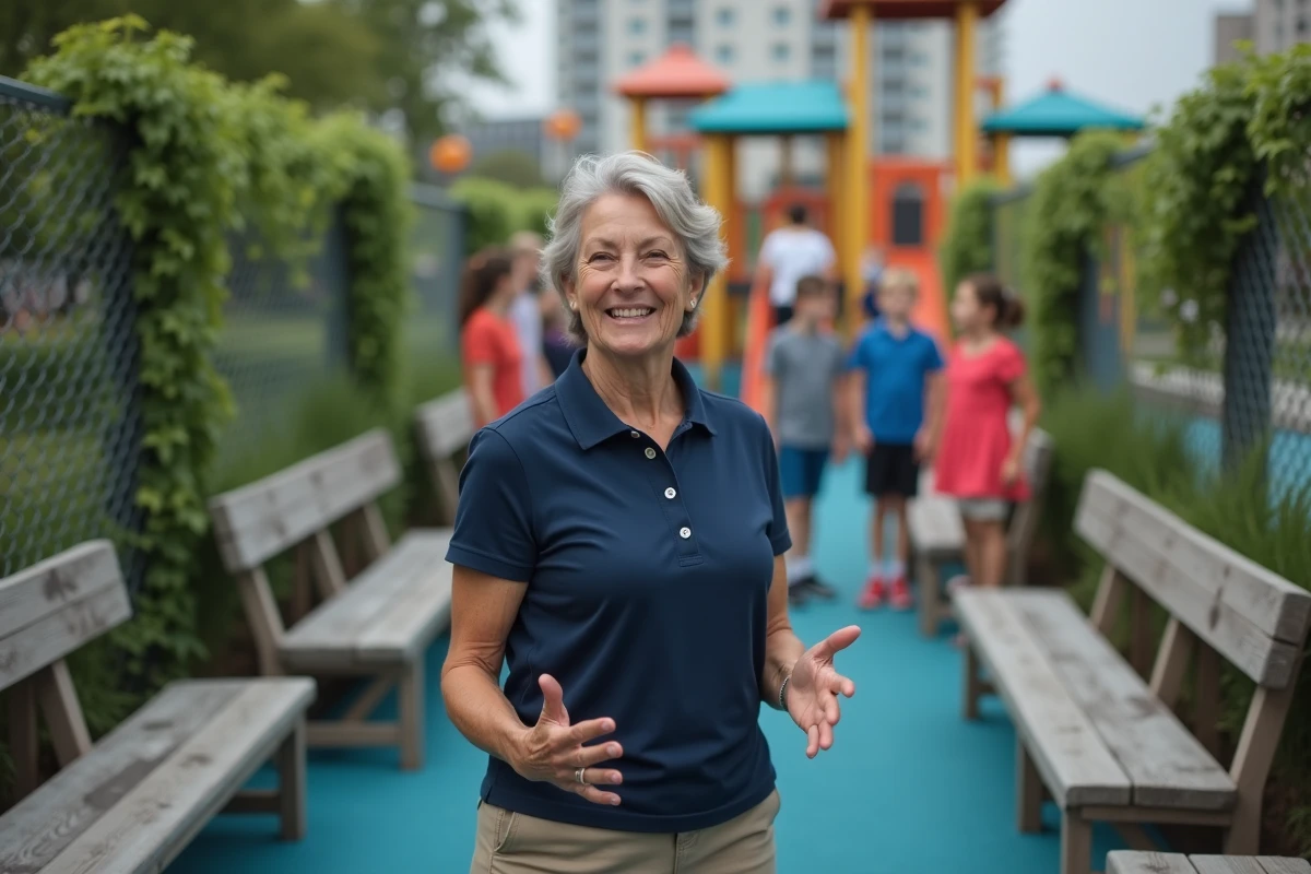 Animatrice jeunesse expérimentée en fin de carrière dans un parc de jeux urbain, regard bienveillant et sourire naturel