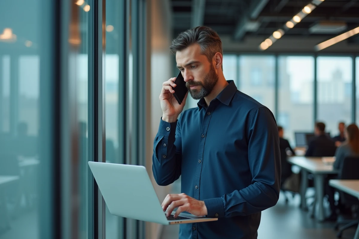 Homme en bureau moderne téléphonant avec l'indicatif +44 vers le Royaume-Uni