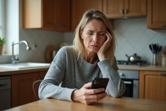 Femme inquiète regardant un appel entrant suspect avec indicatif +41 sur son smartphone dans une cuisine