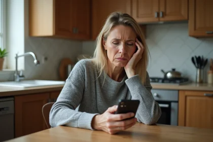 Femme inquiète regardant un appel entrant suspect avec indicatif +41 sur son smartphone dans une cuisine