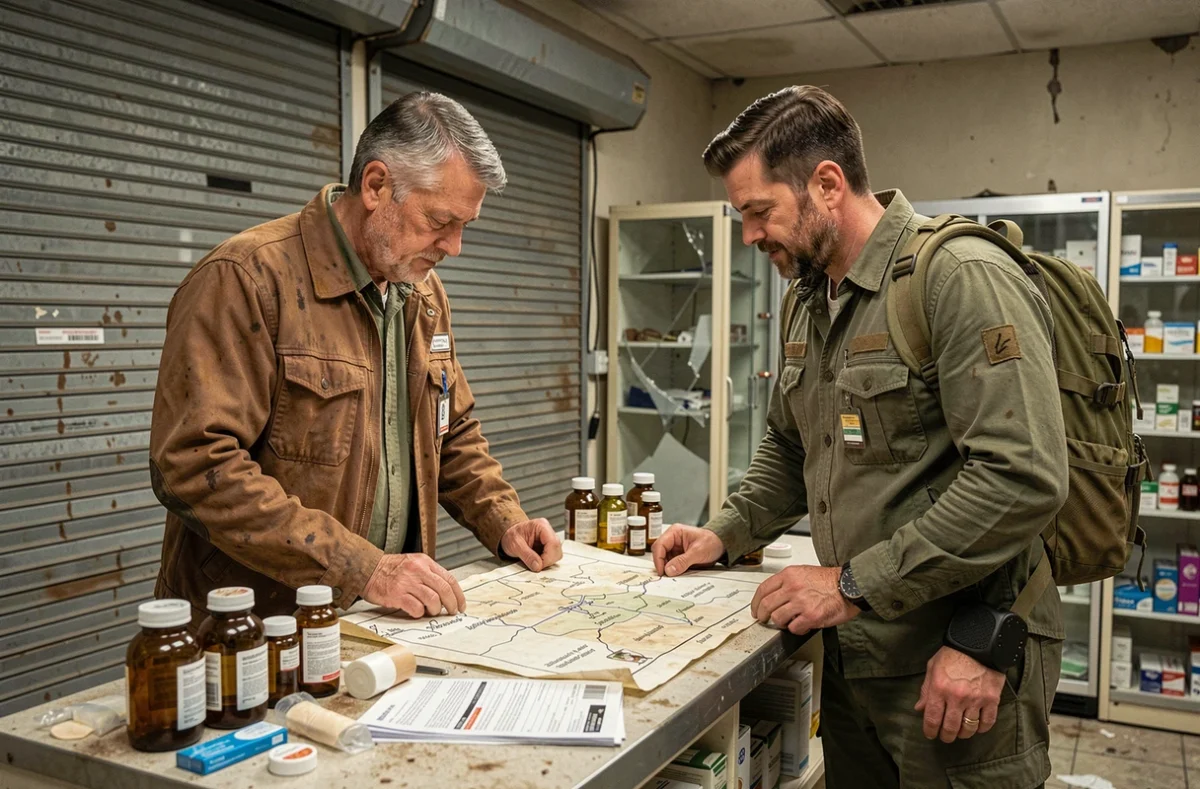 Deux joueurs ARC Raiders consultant une carte de quête dans une pharmacie abandonnée