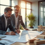 Architecte et client examinant des plans dans un bureau lumineux