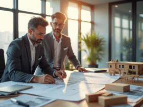 Architecte et client examinant des plans dans un bureau lumineux
