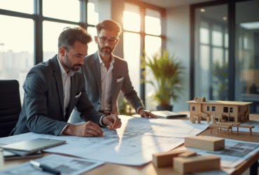 Architecte et client examinant des plans dans un bureau lumineux