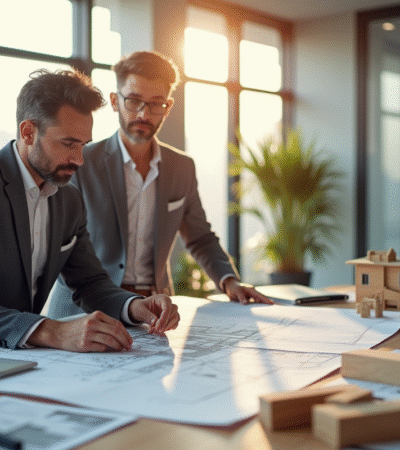 Architecte et client examinant des plans dans un bureau lumineux