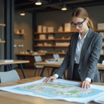 Jeune architecte femme examinant un plan d'urbanisme dans un bureau moderne