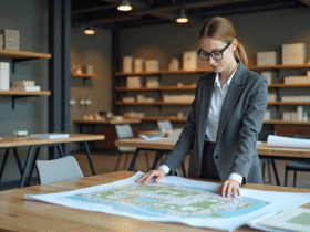 Jeune architecte femme examinant un plan d'urbanisme dans un bureau moderne