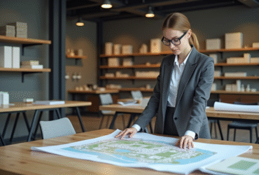 Jeune architecte femme examinant un plan d'urbanisme dans un bureau moderne