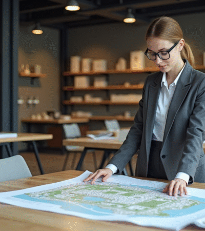 Jeune architecte femme examinant un plan d'urbanisme dans un bureau moderne