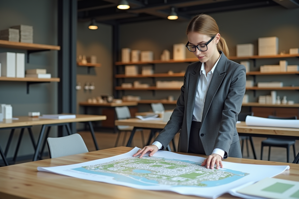 Jeune architecte femme examinant un plan d'urbanisme dans un bureau moderne