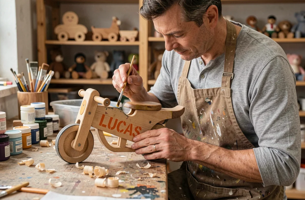 Artisan peignant le prénom LUCAS en orange sur une moto jouet en bois personnalisée dans un atelier artisanal