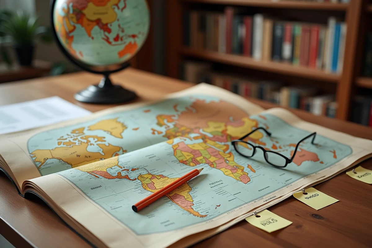 Atlas ouvert sur une table en bois avec un globe vintage et des cartes du monde dépliées montrant des noms de pays
