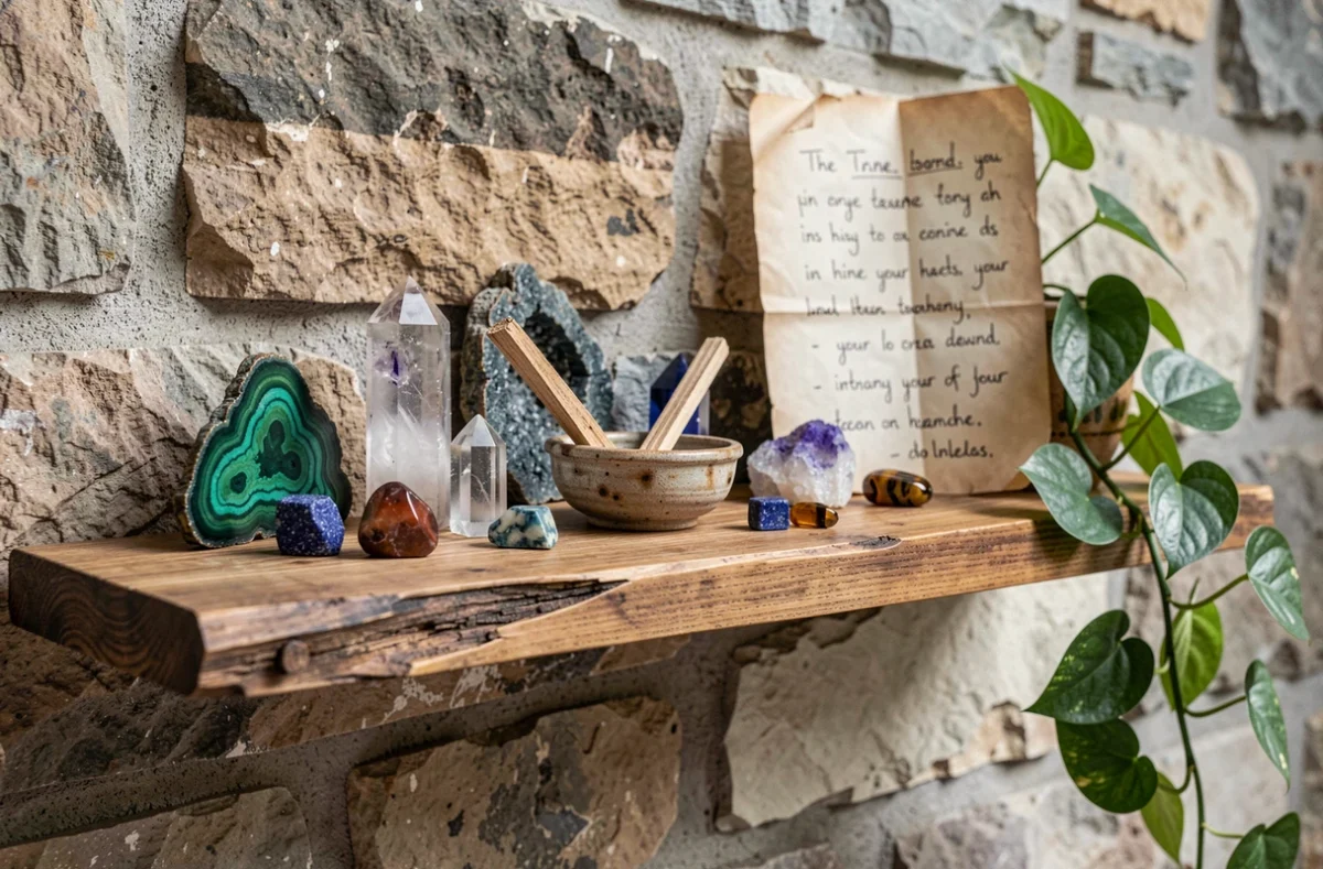 Autel spirituel avec pierres de protection et d'abondance comme lapis lazuli et malachite sur étagère en bois