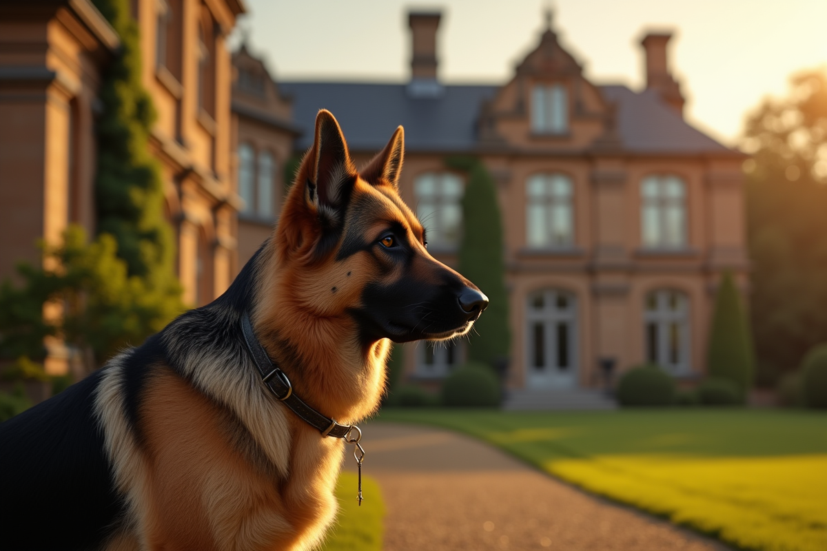 Chien berger allemand devant une maison noble au coucher du soleil