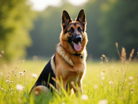Chien berger allemand majestueux dans une prairie ensoleillee