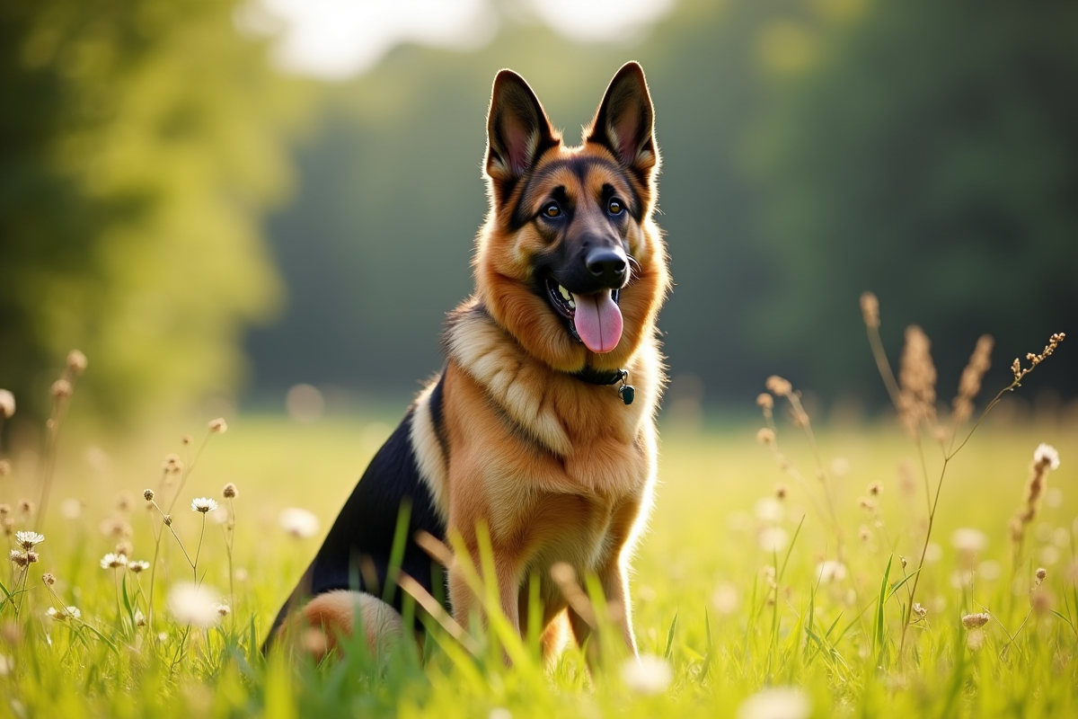 Chien berger allemand majestueux dans une prairie ensoleillee