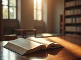 Intérieur lumineux d'une bibliothèque de droit moderne avec code civil ouvert