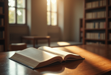 Intérieur lumineux d'une bibliothèque de droit moderne avec code civil ouvert