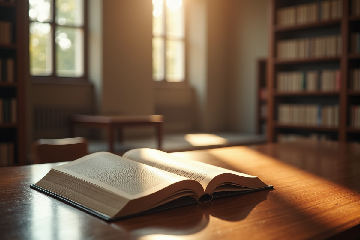 Intérieur lumineux d'une bibliothèque de droit moderne avec code civil ouvert