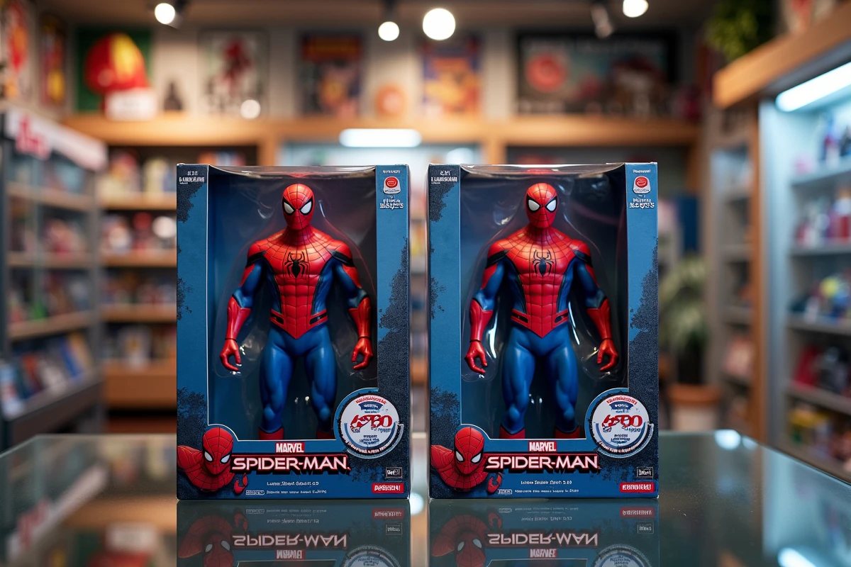 Deux boîtes de figurines Spider-Man édition limitée 2026 scellées exposées dans une boutique de collectibles spécialisée