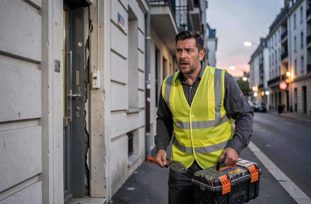 Technicien de Bp Serrurier Dépanneur en intervention urgente devant une porte endommagée à Lyon