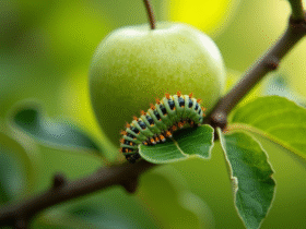 Raisin de pomme avec chenille sur feuille en macro