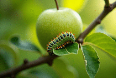 Raisin de pomme avec chenille sur feuille en macro