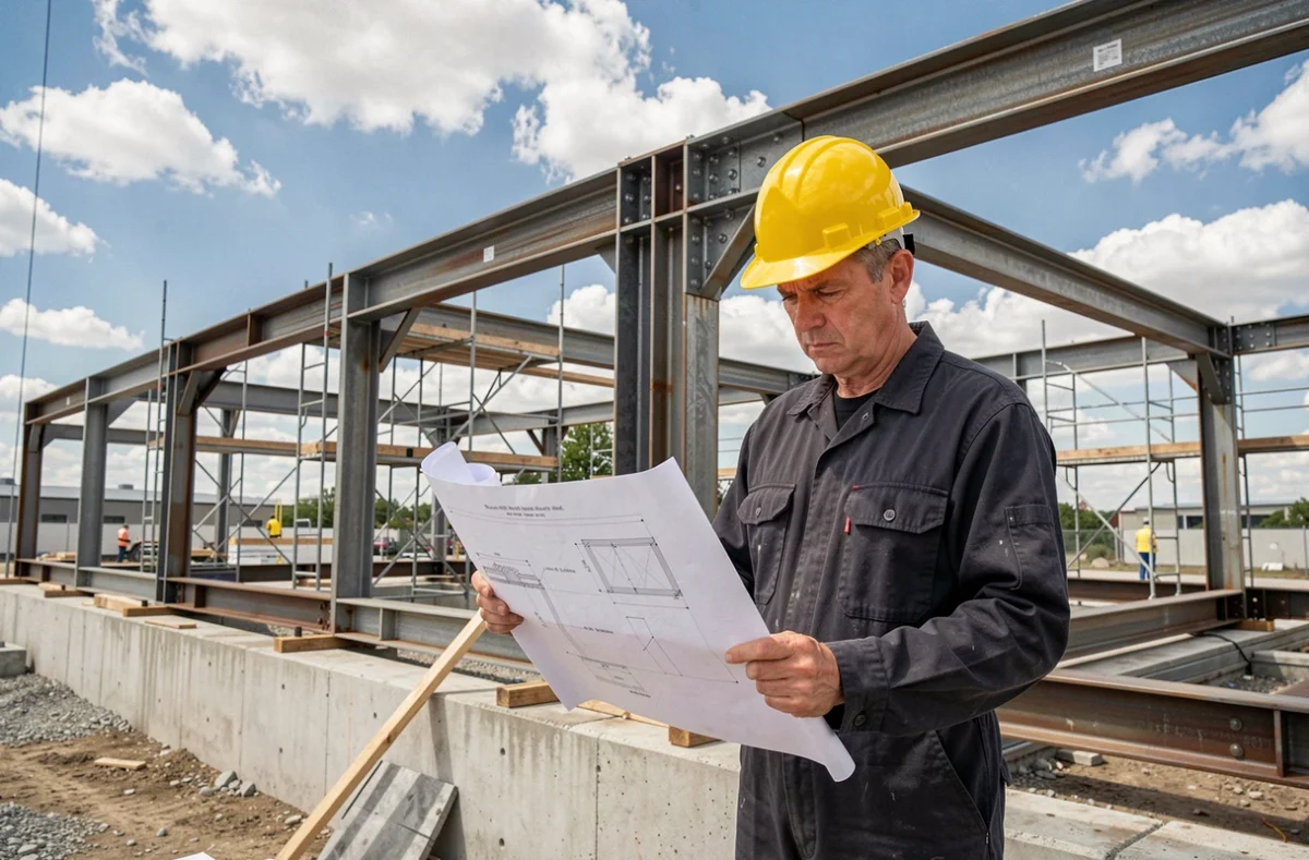 Spécialiste de C2M Constructions Métalliques sur un chantier d'assemblage de structures en acier