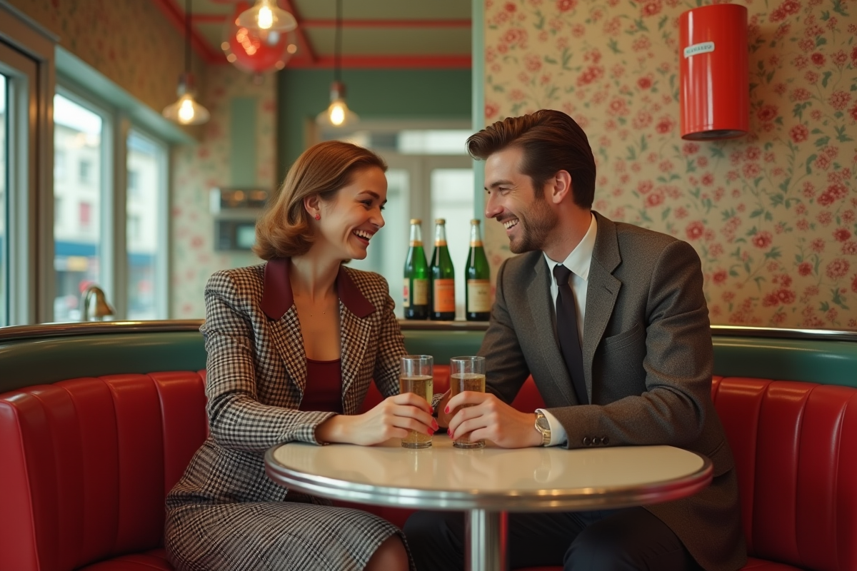 Deux amis dans un café parisien vintage des années 60